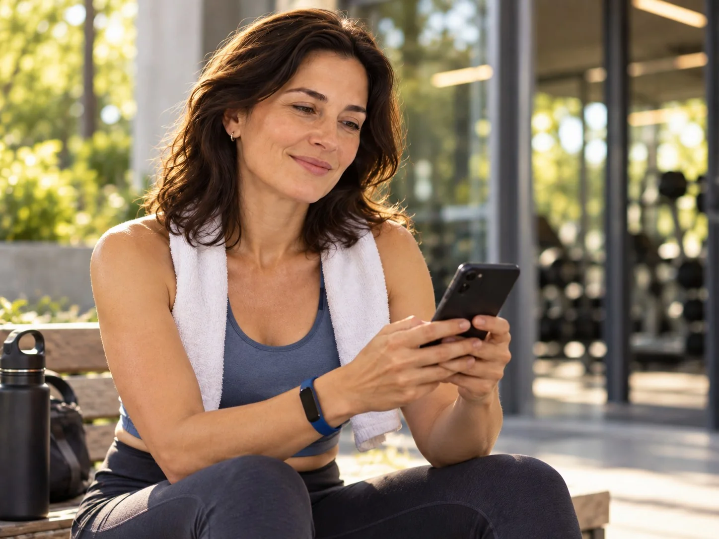 The client after a workout, checking her results on her phone