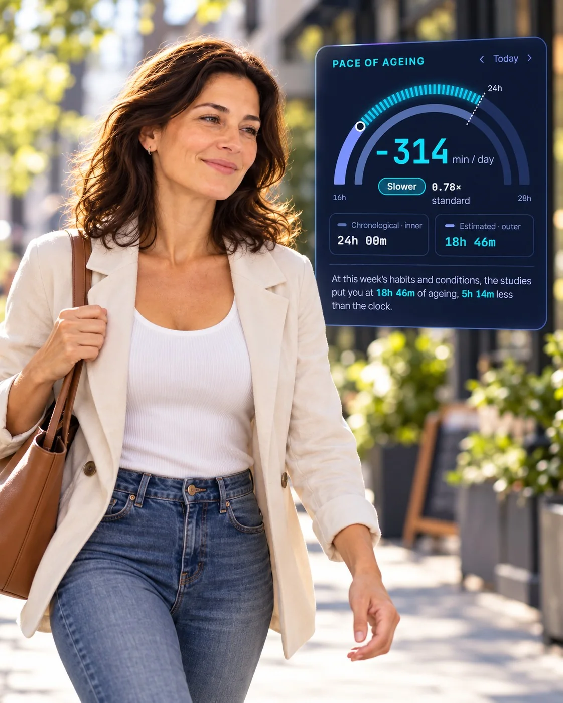 A client walking in the city, with her estimated pace of aging at −314 min/day